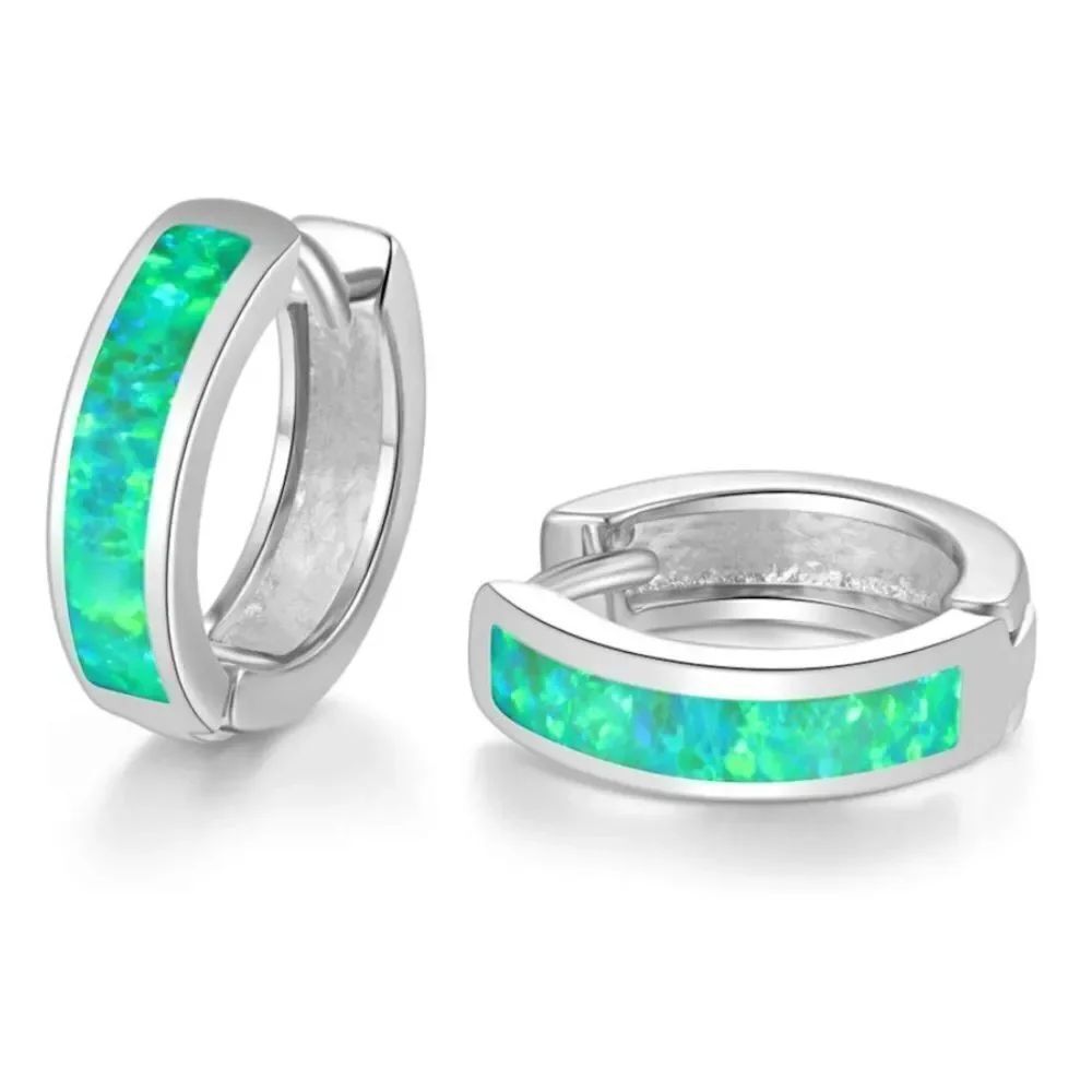 14K White Gold with Genuine Green Fire Opal Huggie Hoop Snap Hinge Earrings